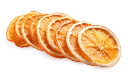 Photo of Delicious dry orange slices on white background