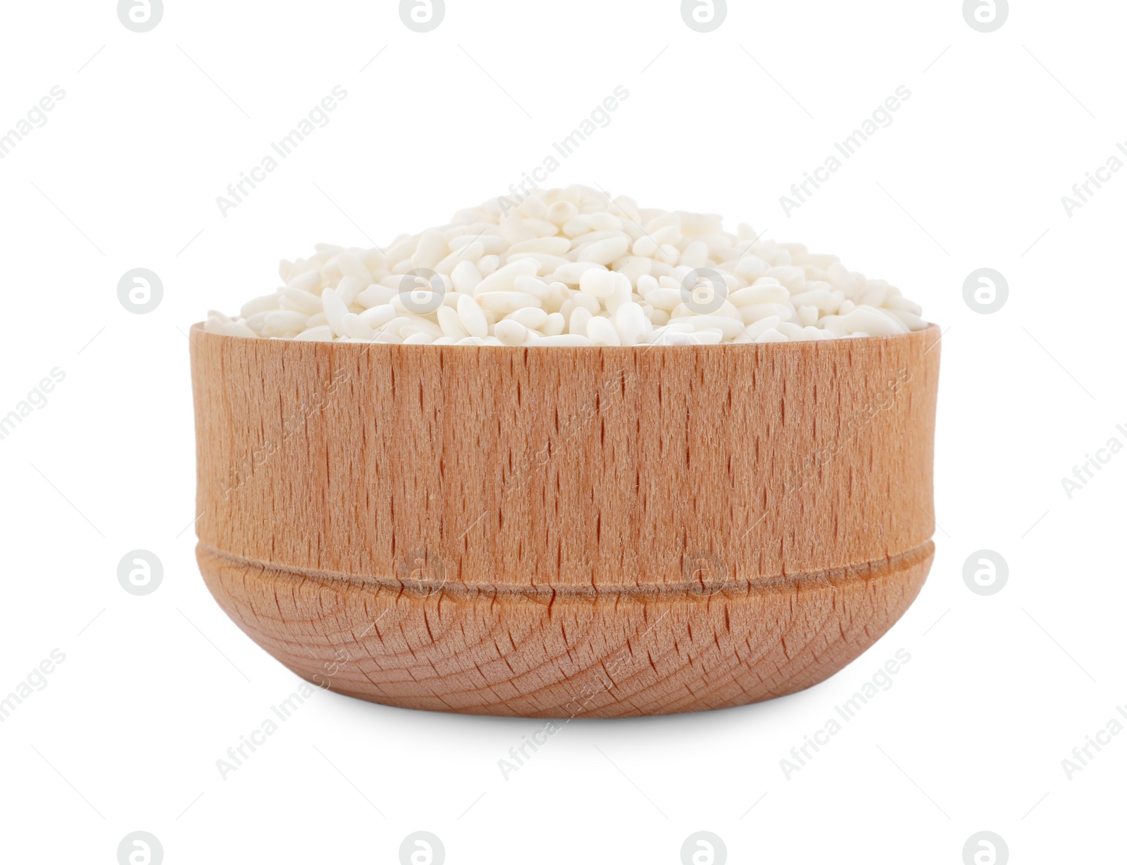 Photo of Bowl with raw rice isolated on white