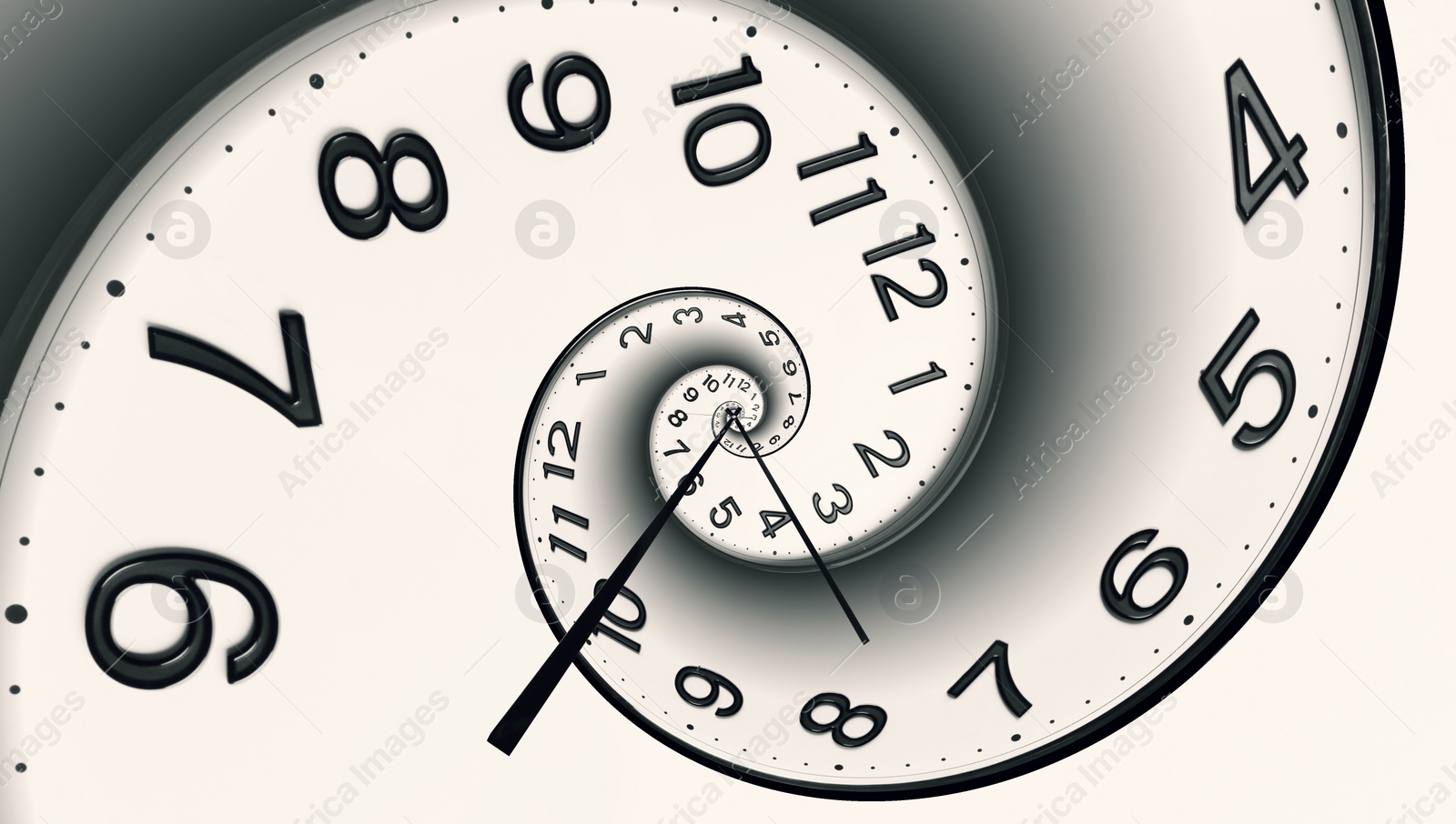 Image of Infinity and other time related concepts, banner design. White clock face twisted in spiral, fractal pattern