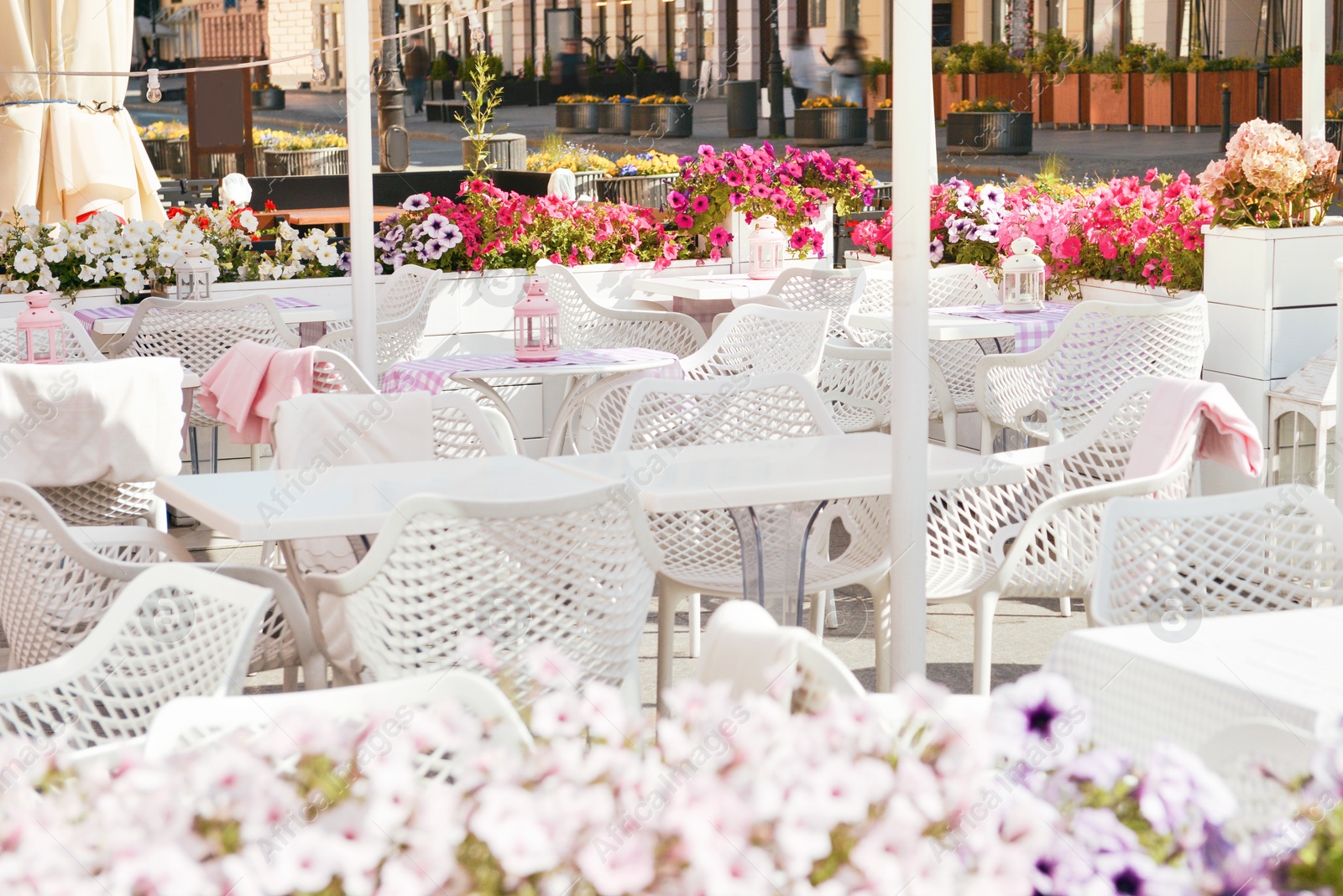 Photo of Outdoor cafe with beautiful flowers and comfortable furniture