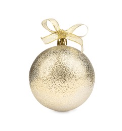 Photo of Beautiful shiny Christmas ball with bow isolated on white