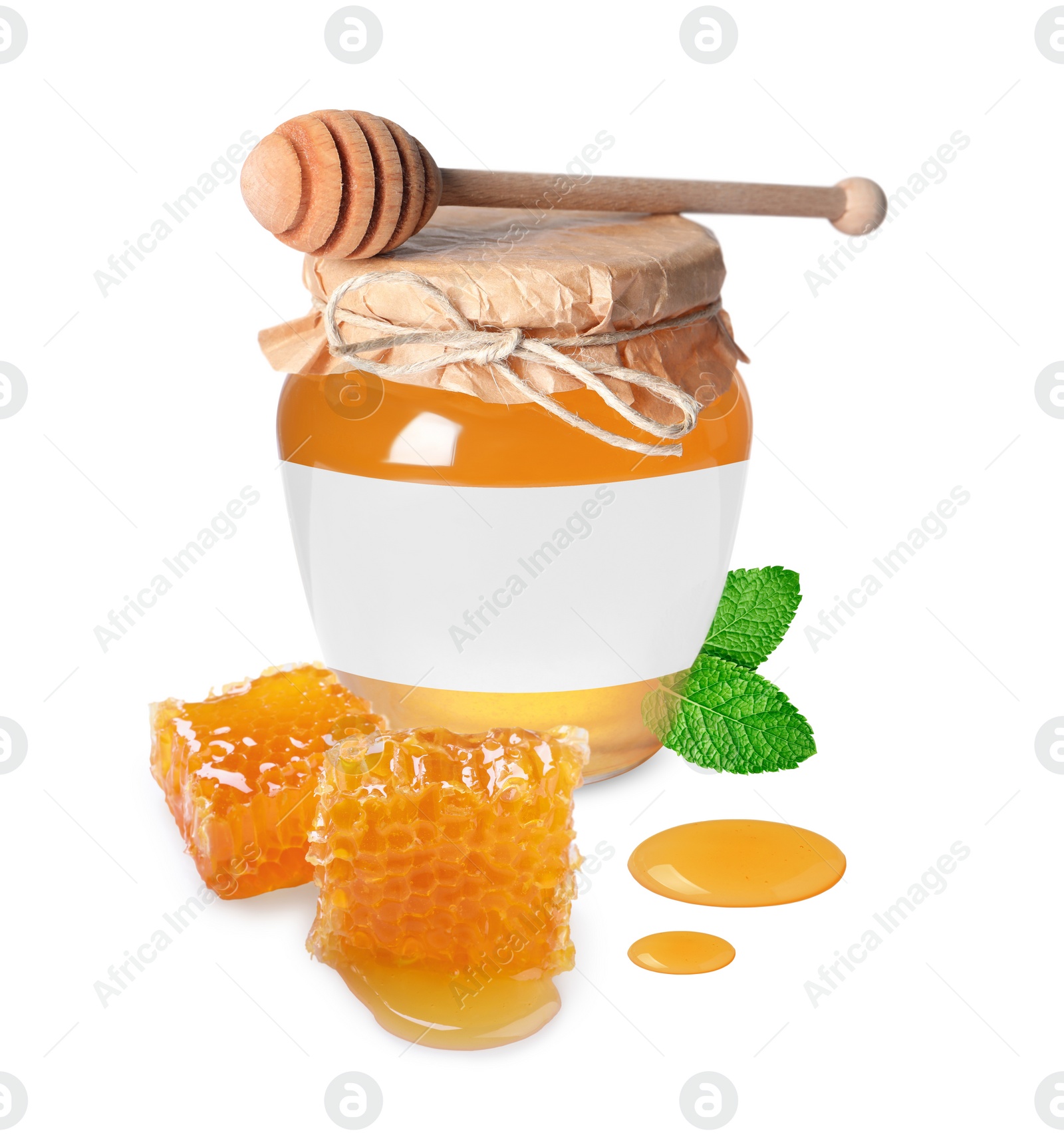 Image of Sweet honey in glass jar with blank label, wooden honey dipper and pieces of honeycomb on white background. Mockup for design