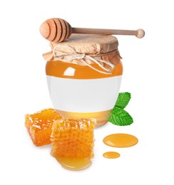 Image of Sweet honey in glass jar with blank label, wooden honey dipper and pieces of honeycomb on white background. Mockup for design