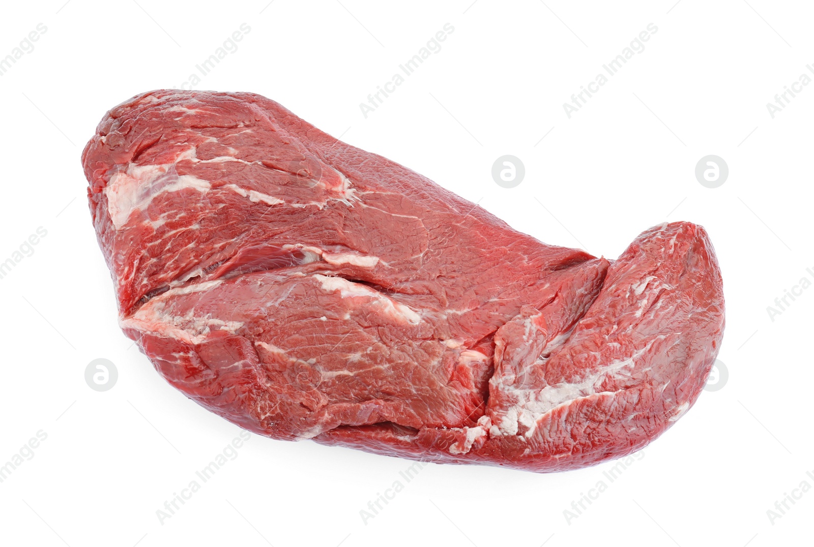 Photo of Piece of raw beef meat isolated on white, top view