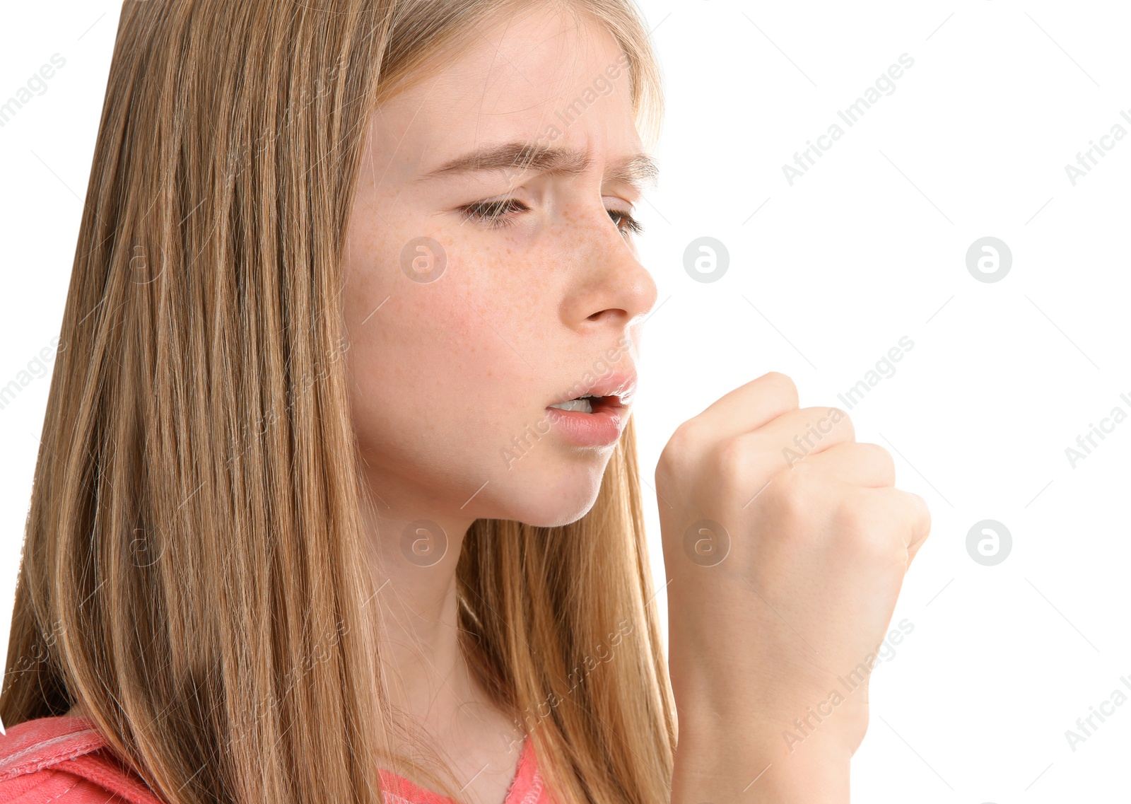 Photo of Teenage girl suffering from cough isolated on white