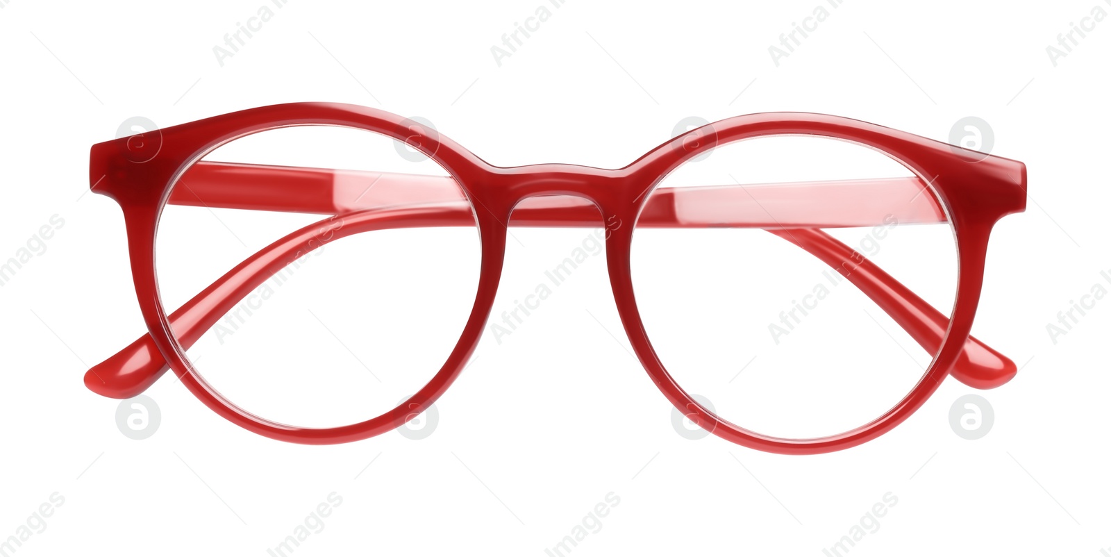 Photo of Stylish glasses with red frame isolated on white