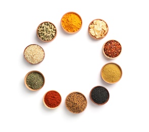 Photo of Beautiful composition with different aromatic spices on white background