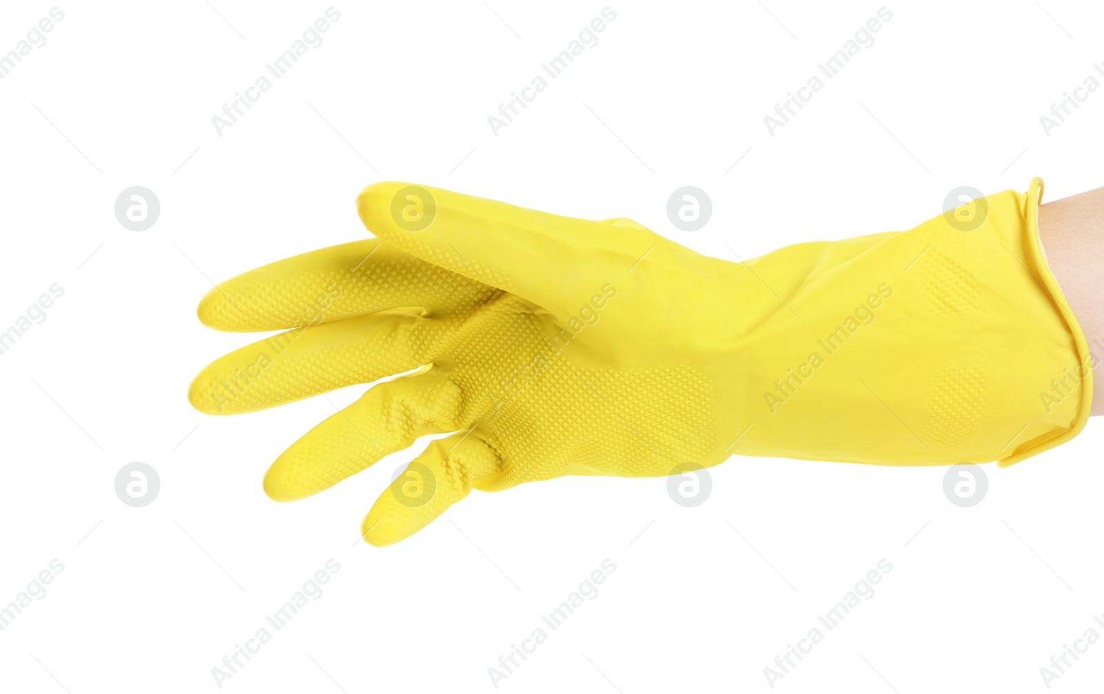 Photo of Person in rubber glove on white background, closeup of hand