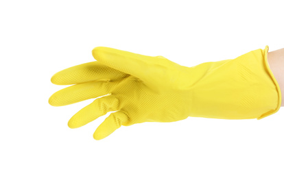 Photo of Person in rubber glove on white background, closeup of hand