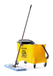Photo of Mop and bucket on white background. Cleaning service