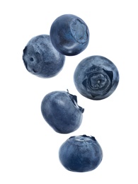 Image of Many fresh ripe blueberries falling on white background