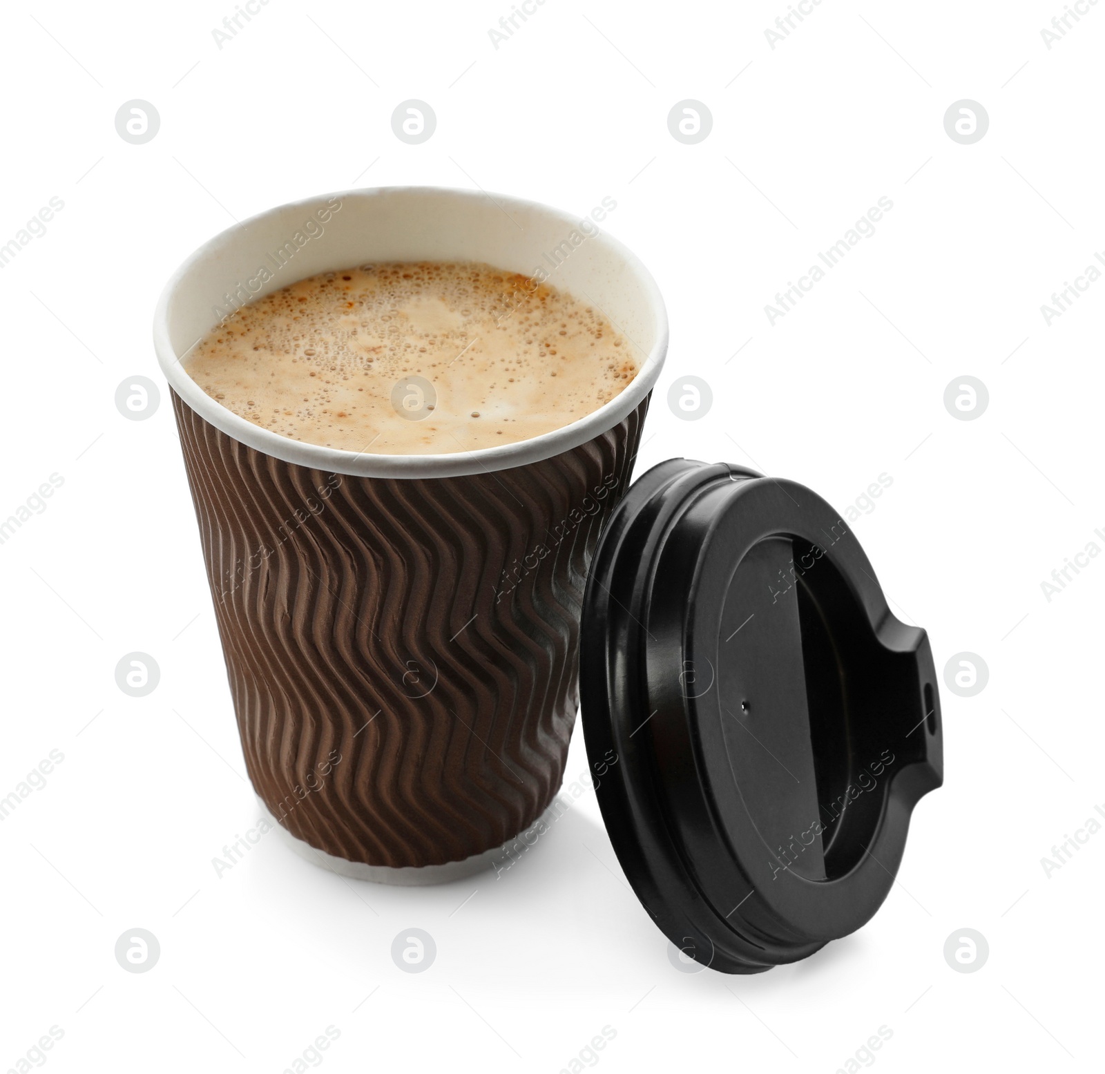 Photo of Aromatic coffee in takeaway paper cup and lid on white background