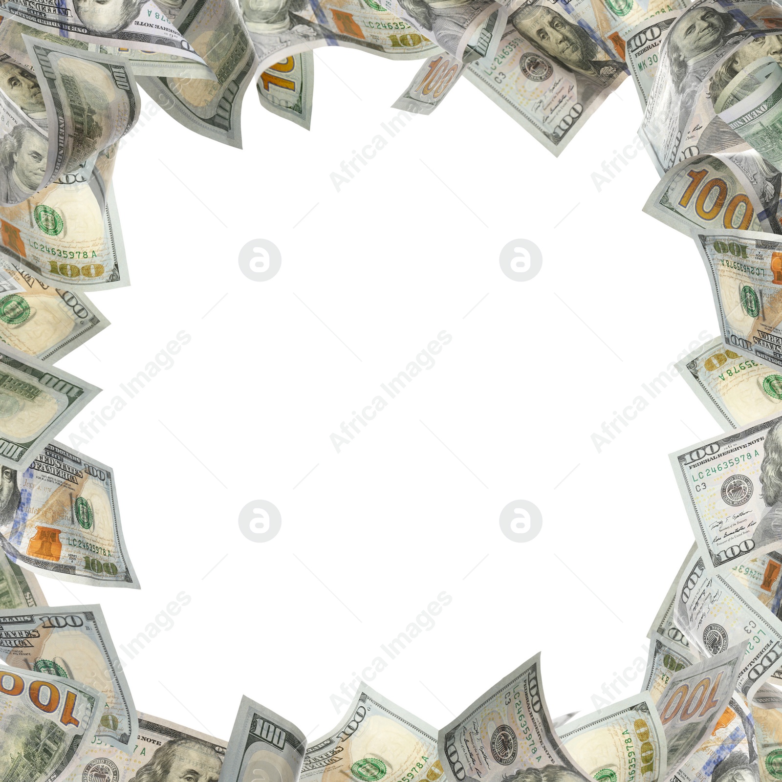 Image of Frame made of money on white background, space for text. Currency exchange