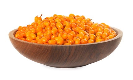 Fresh ripe sea buckthorn berries in bowl isolated on white