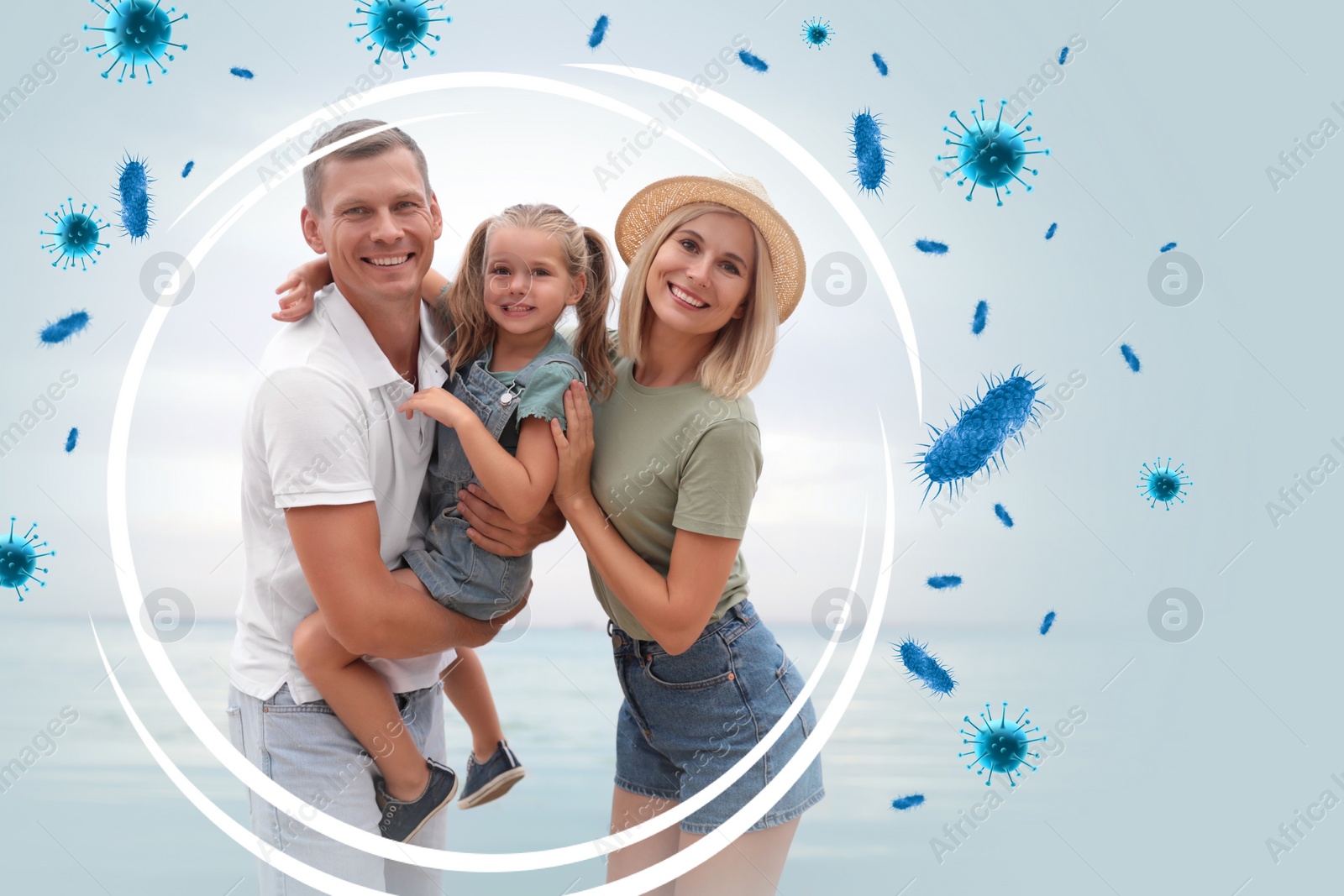 Image of Happy family with strong immunity near sea. Bubble around them blocking viruses, illustration