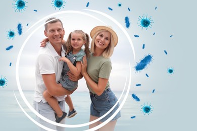 Image of Happy family with strong immunity near sea. Bubble around them blocking viruses, illustration