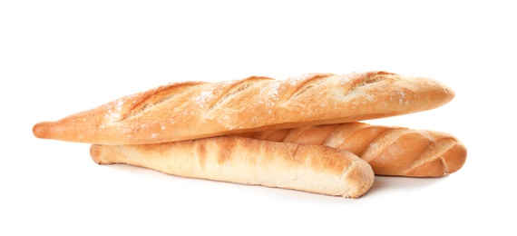 Photo of Tasty baguettes isolated on white. Fresh bread
