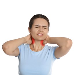 Image of Woman suffering from rheumatism on white background