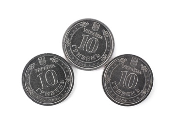 Ukrainian coins isolated on white, top view. National currency