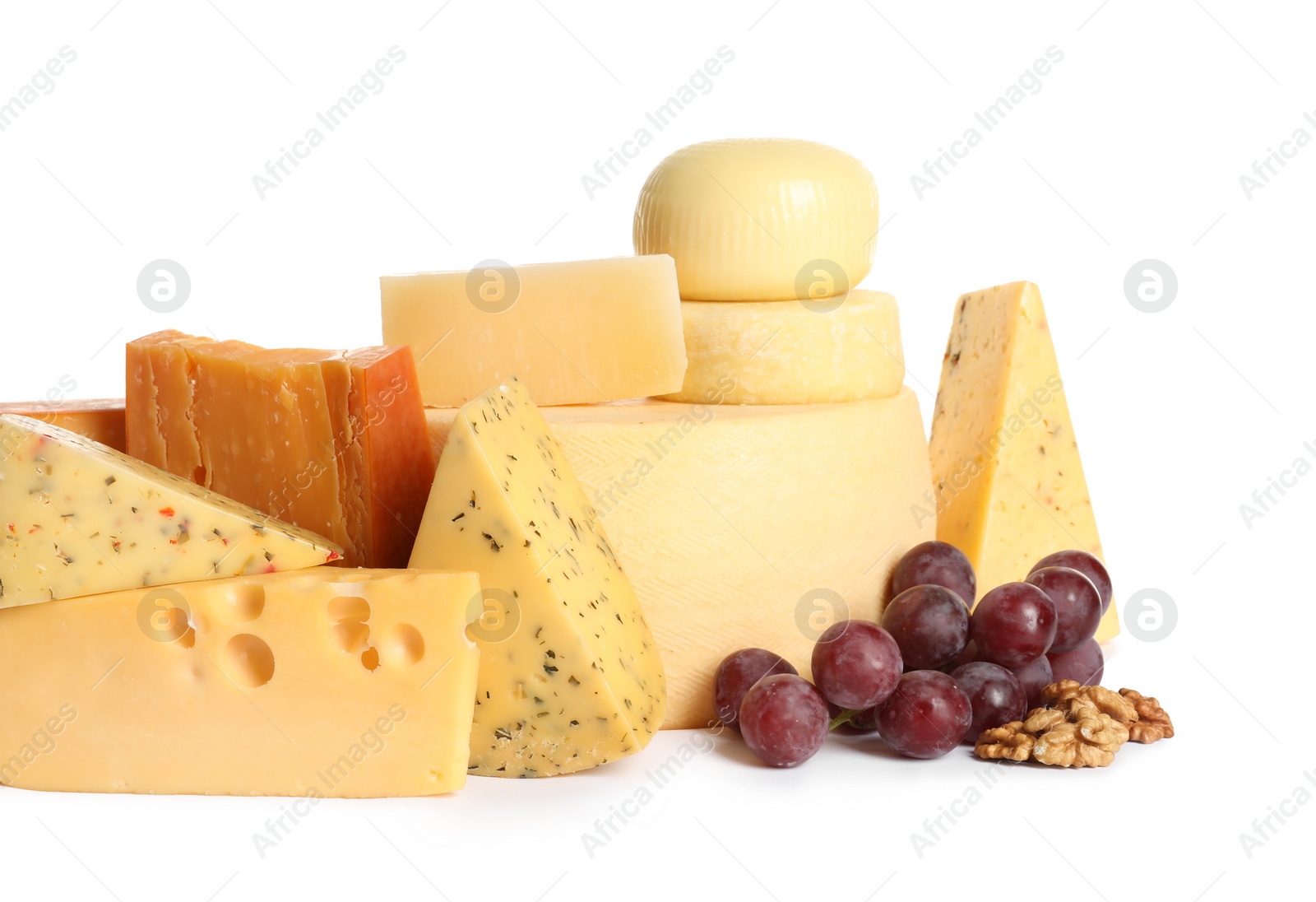 Photo of Composition with cheese, grapes and walnuts on white background