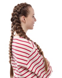 Woman with braided hair on white background