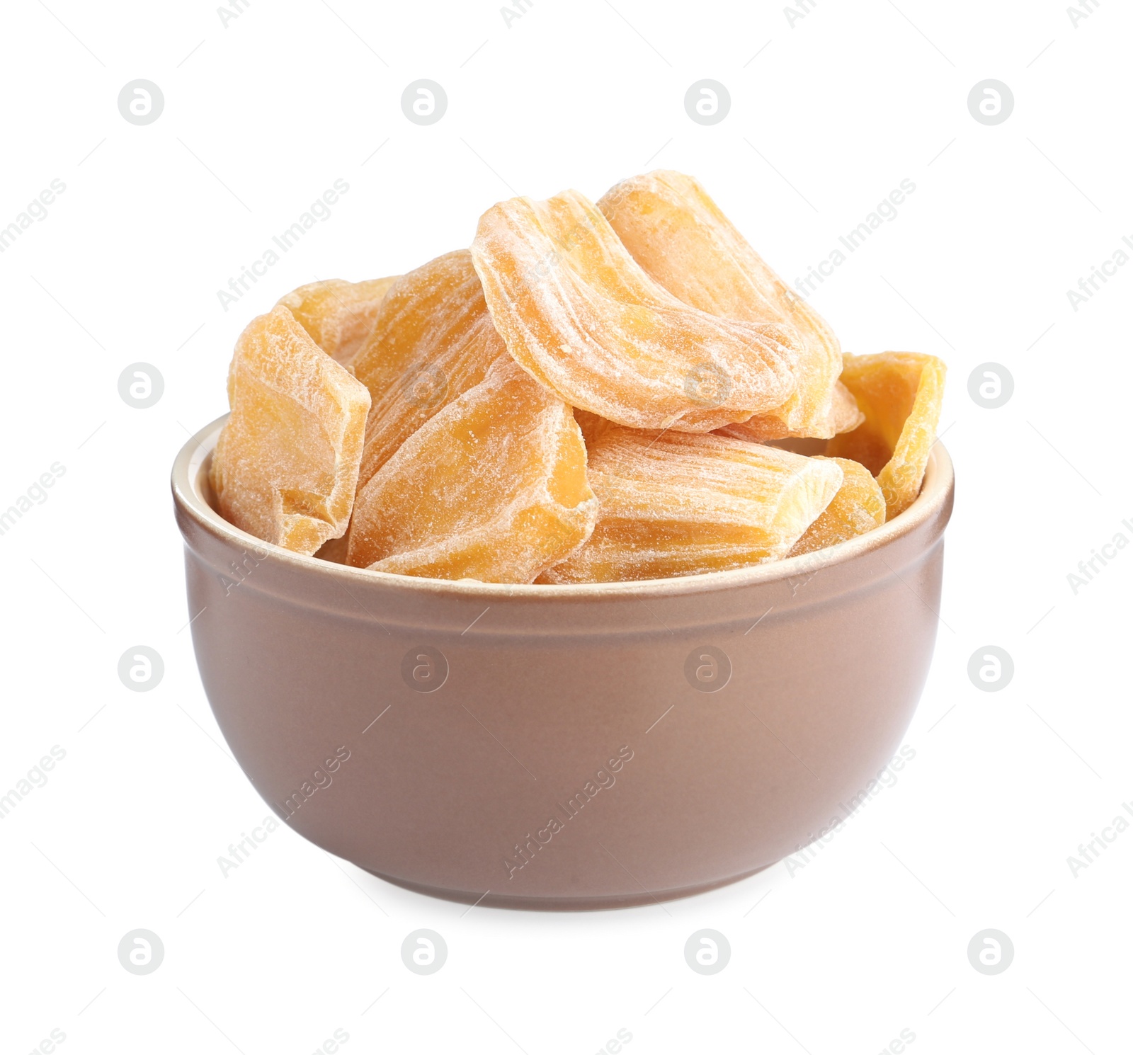 Photo of Delicious dried jackfruit slices in bowl isolated on white