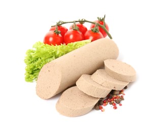 Photo of Delicious liver sausage, tomatoes, lettuce and peppercorns on white background