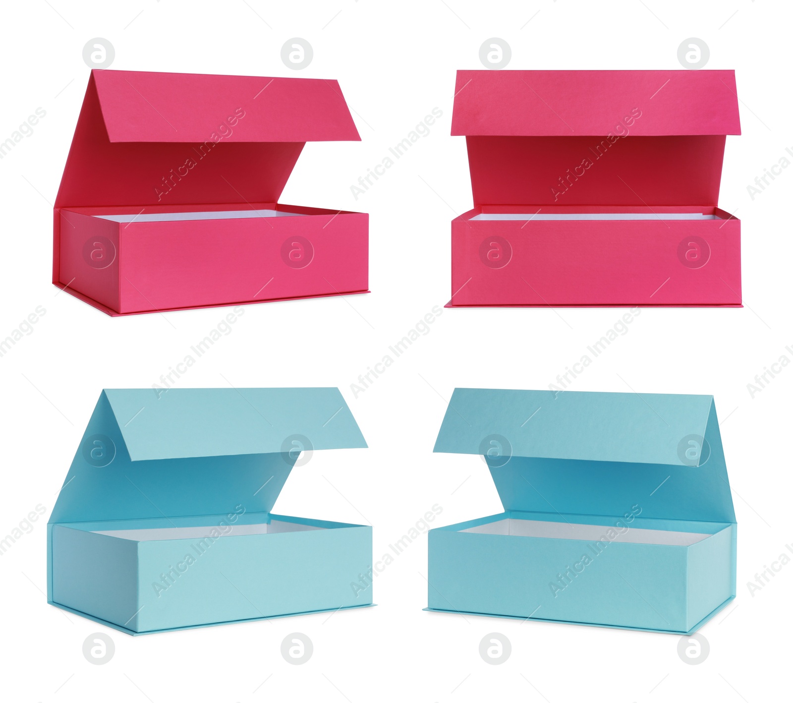 Image of Set with cardboard boxes for shoes on white background