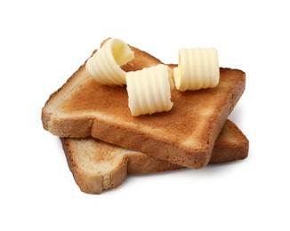 Tasty butter curls and toasts isolated on white