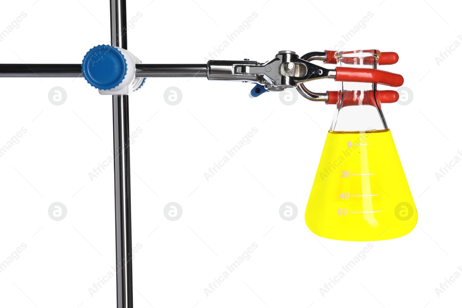 Photo of Retort stand with flask of yellow liquid isolated on white