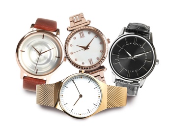 Image of Collage of stylish watches on white background