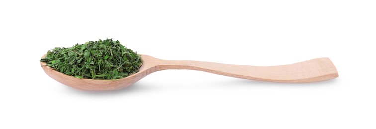 Photo of Wooden spoon of dried parsley isolated on white