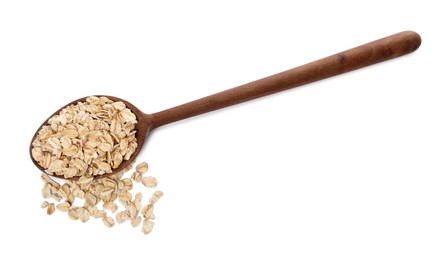 Photo of Wooden spoon with oatmeal isolated on white, top view