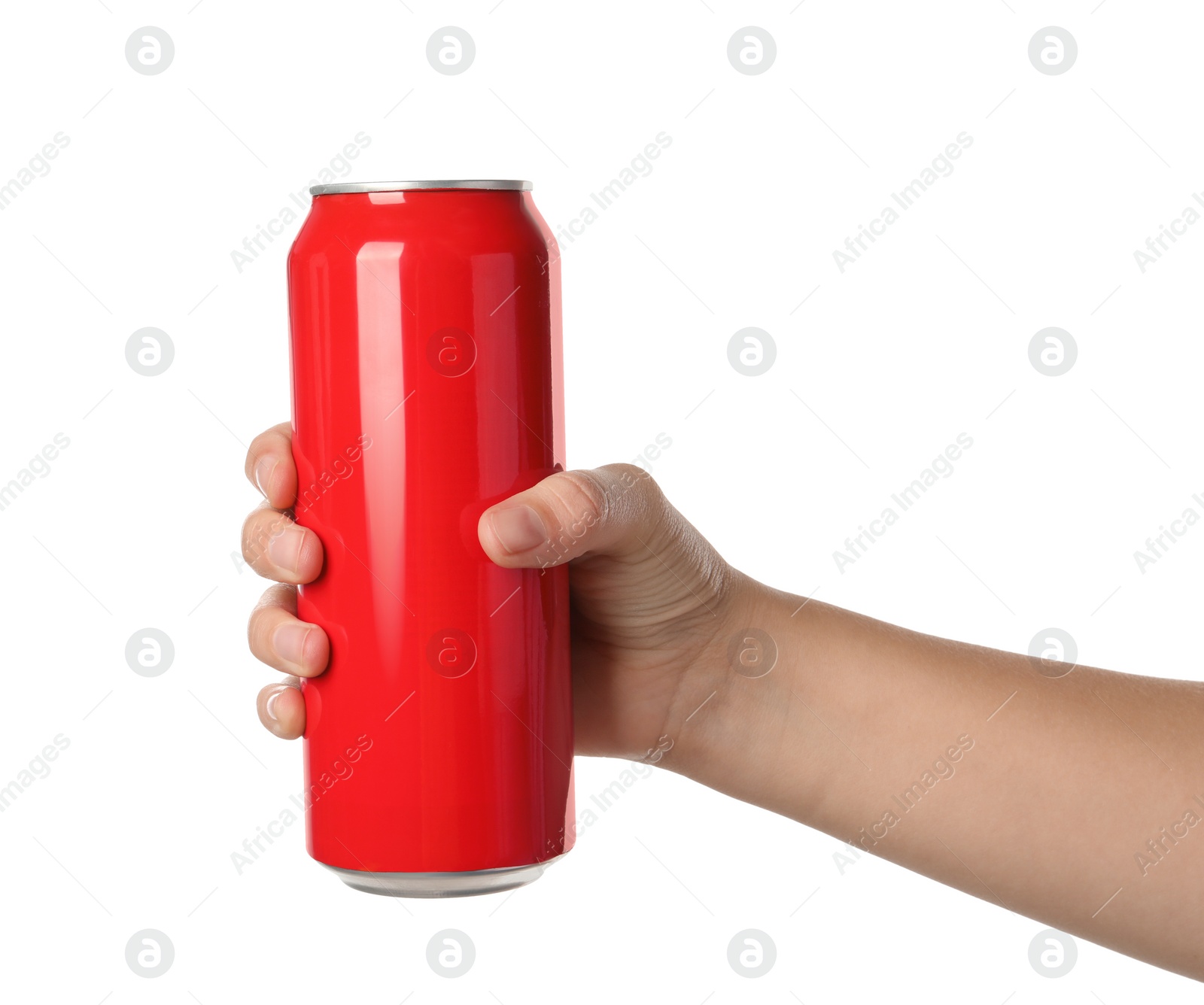 Photo of Woman holding red aluminum can on white background, closeup