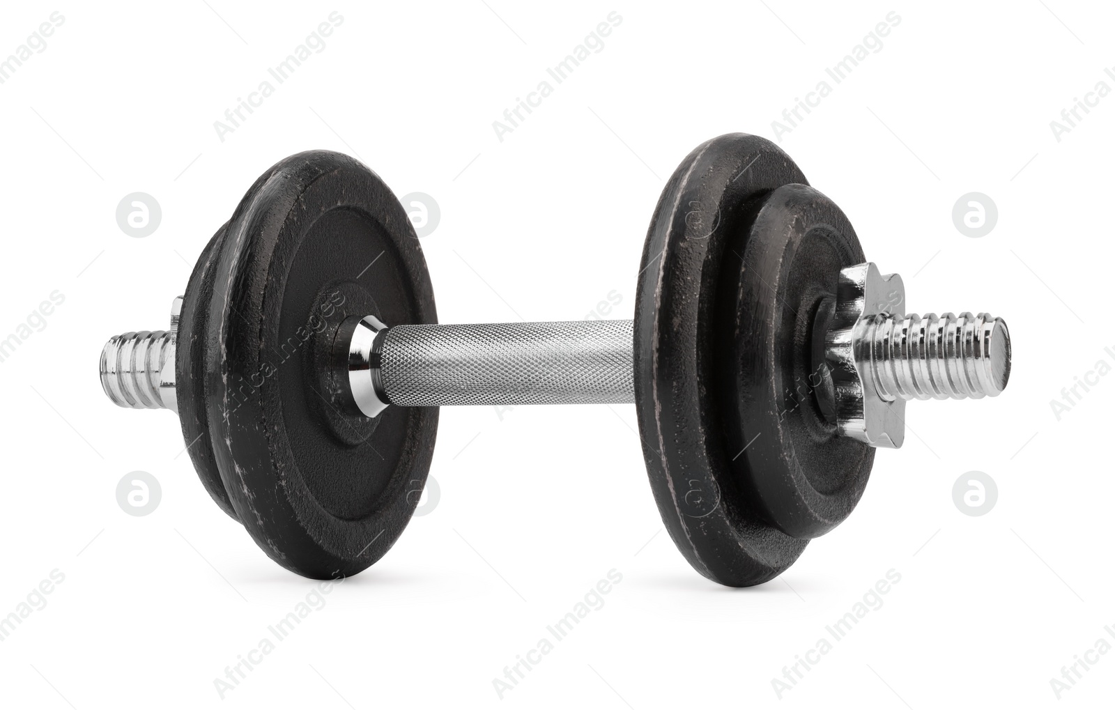 Photo of One metal dumbbell isolated on white. Sports equipment