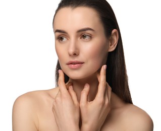 Portrait of beautiful young woman on white background