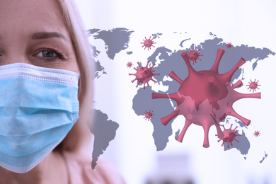 Image of Mature woman wearing medical mask during coronavirus outbreak