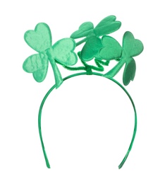 Photo of Stylish headband with green clover leaves isolated on white. Saint Patrick's Day accessory