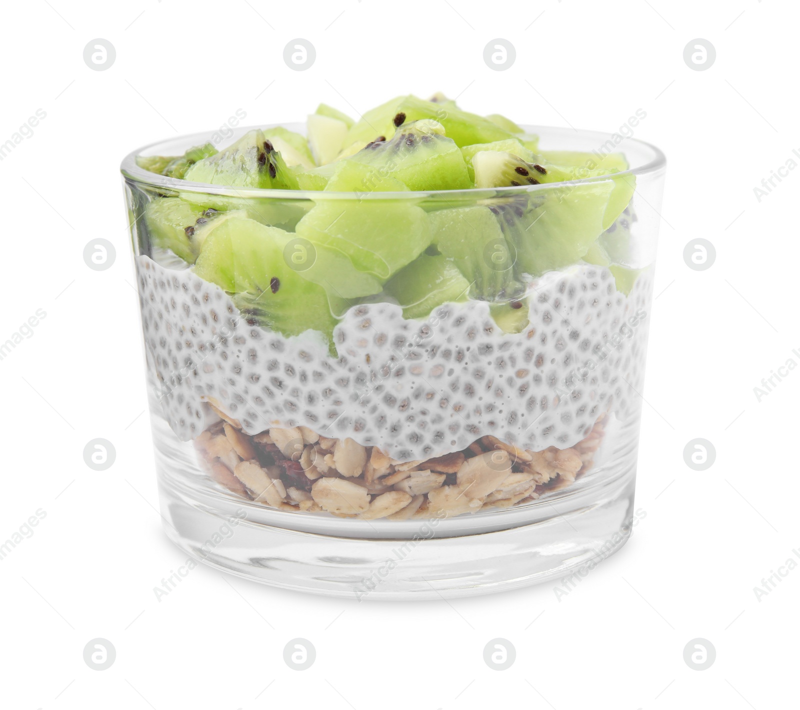 Photo of Delicious dessert with kiwi and chia seeds isolated on white