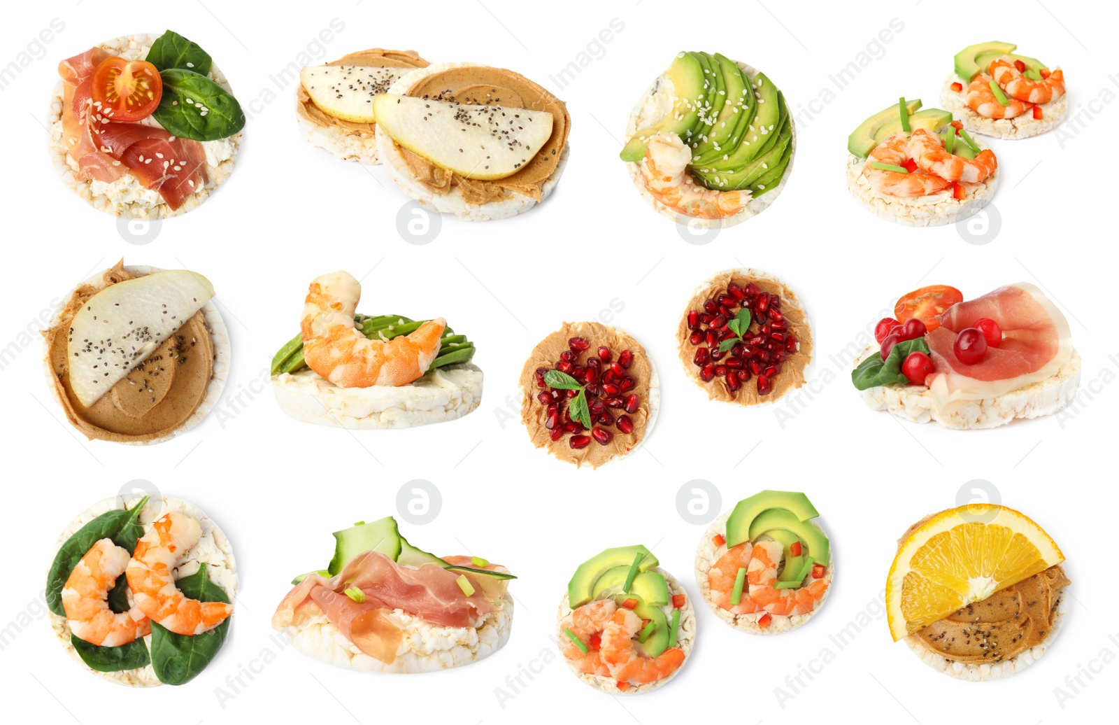 Image of Set of puffed rice cakes with different ingredients on white background