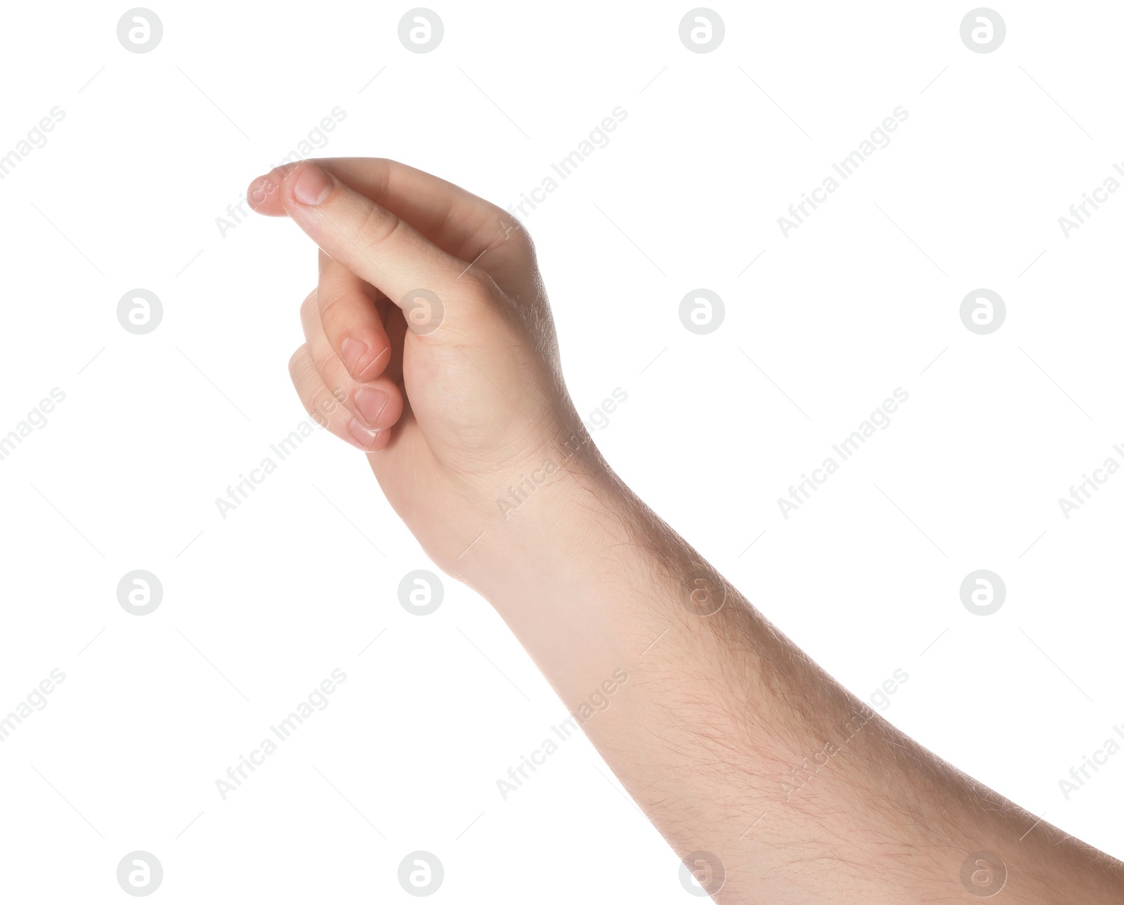 Photo of Man holding something on white background, closeup