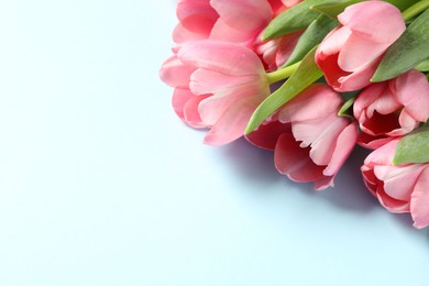 Happy Mother's Day. Beautiful pink tulips on white background, space for text