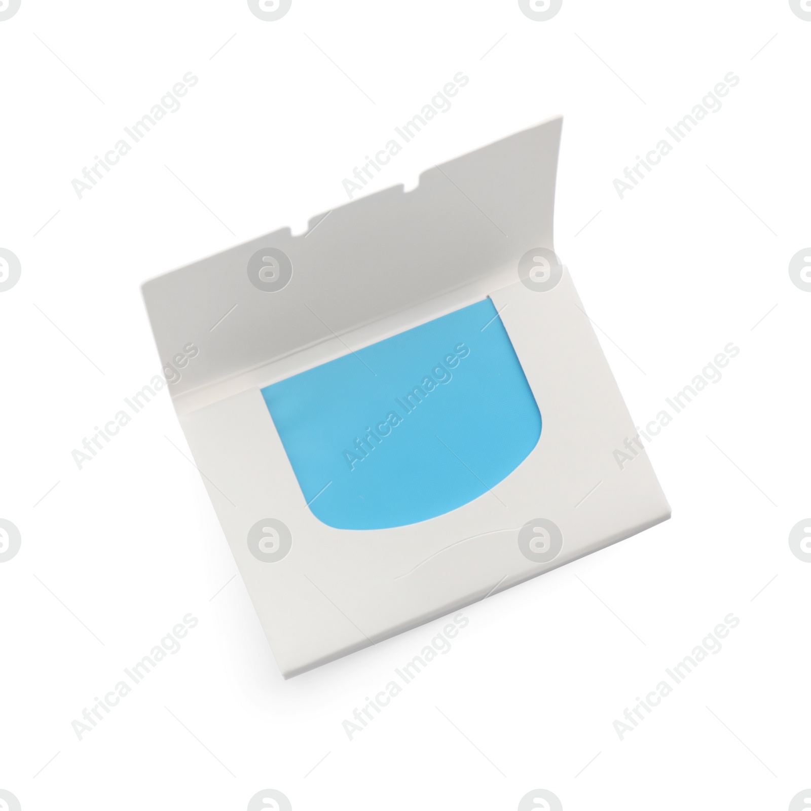 Photo of Open package of facial oil blotting tissues isolated on white, top view