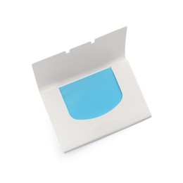 Photo of Open package of facial oil blotting tissues isolated on white, top view