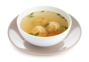 Photo of Bowl of Jewish matzoh balls soup isolated on white