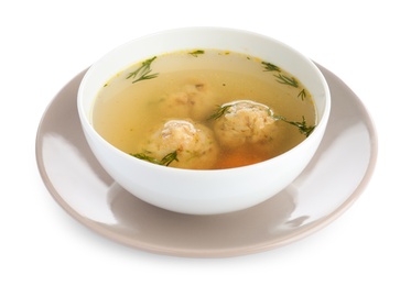 Bowl of Jewish matzoh balls soup isolated on white