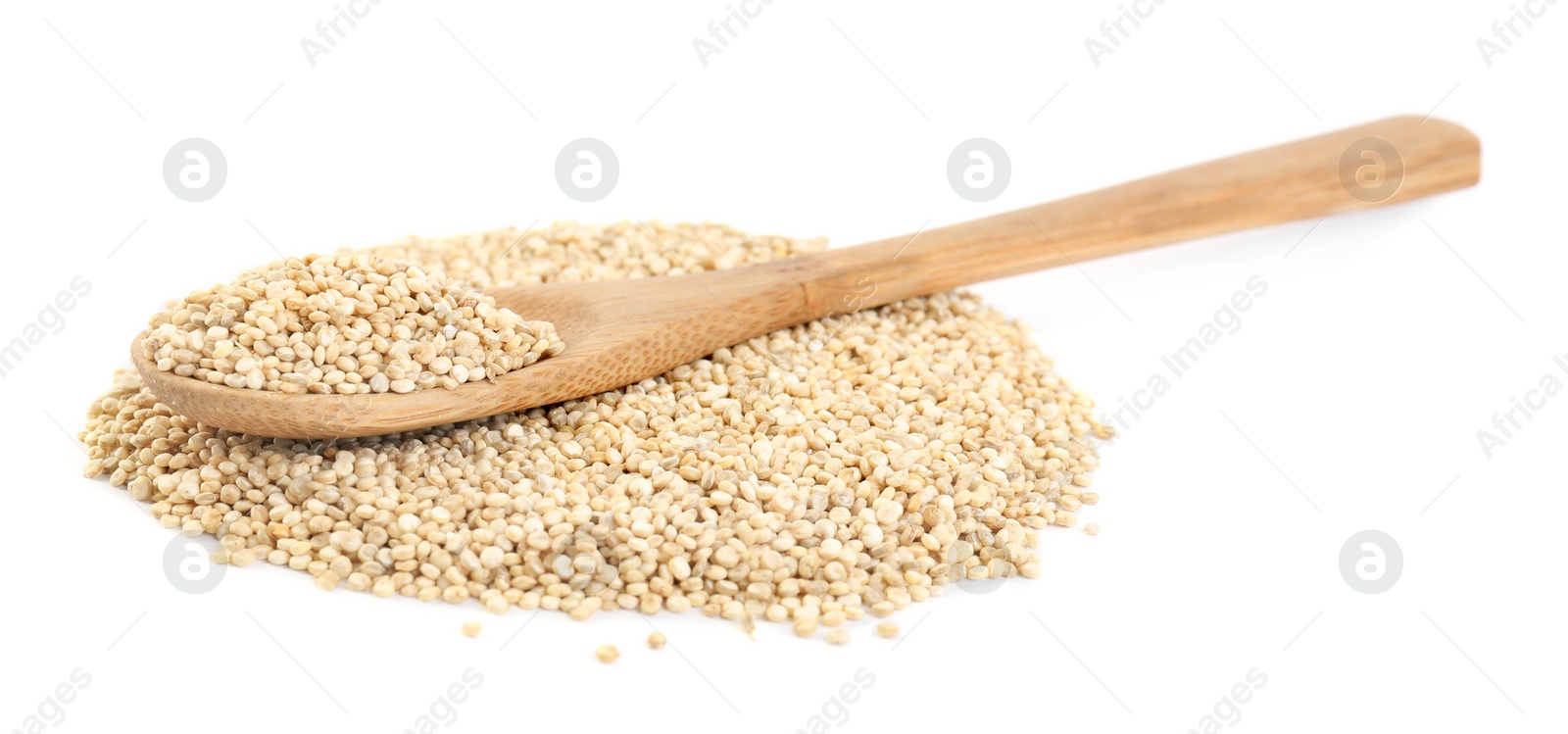 Photo of Wooden spoon and quinoa on white background
