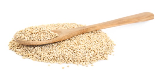 Wooden spoon and quinoa on white background