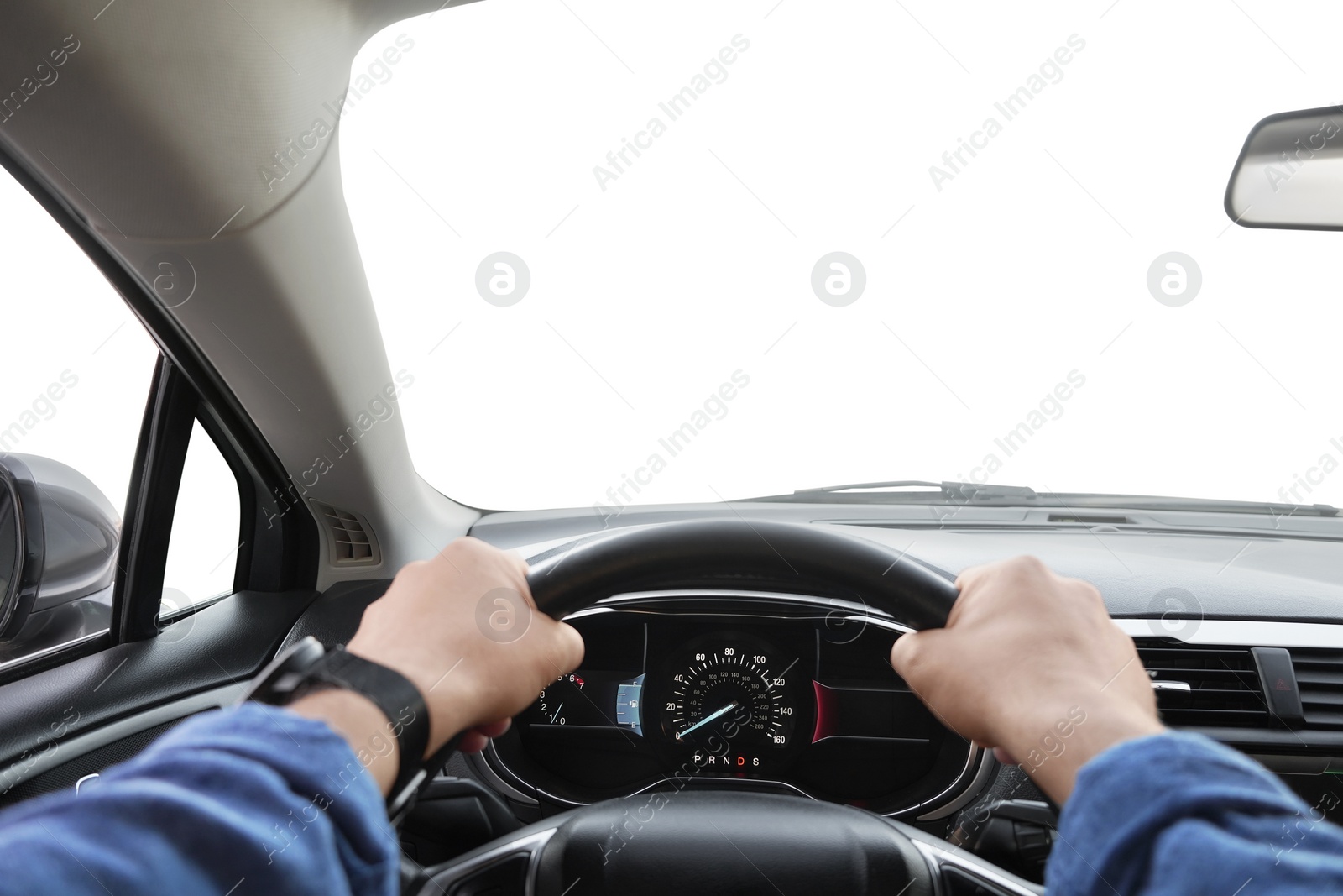 Photo of Man driving car with speedometer on dashboard, closeup