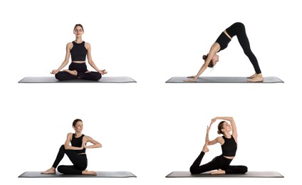 Image of Young woman practicing yoga on white background, collage